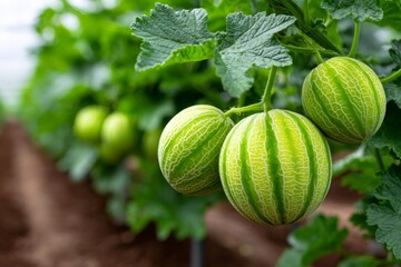 Green cantaloupe melons growing on vine in greenhouse