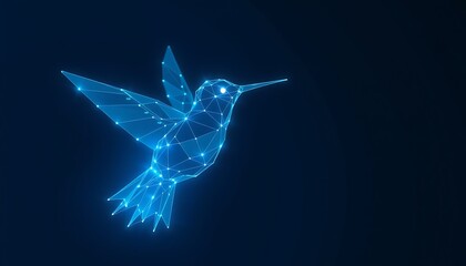 Naklejka premium Luminous blue wireframe hummingbird with bright eye on dark background image photo