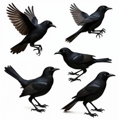 Fototapeta premium Five blackbirds shown in different poses against white background. Birds display flight and perching stances. Avian creatures with dark glossy plumage featured.