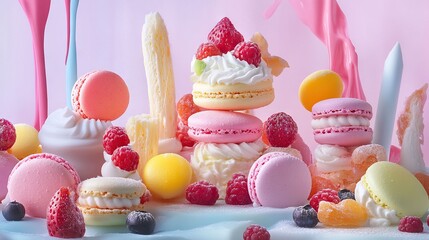 Vibrant Pastel Dessert Assortment: Macarons, Mini Cakes & Sweet Treats Display