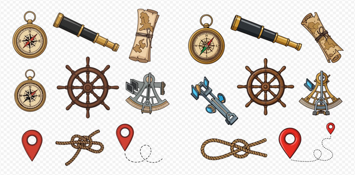 Set of vintage nautical navigation tools and travel elements on transparent background.