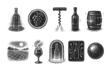 Obraz premium Wine and winemaking chalk icon set. Vineyard, bottle, corkscrew chalk collection