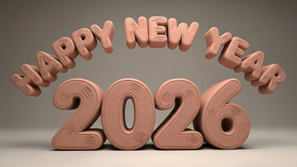 A 3D rendered image featuring the words 'HAPPY NEW YEAR' in an arc above the large numbers '2026', all in a soft, rounded, light brown texture on a simple grey background.