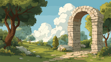 Serene Landscape Stone Archway Vector Illustration with Outline Isolated
