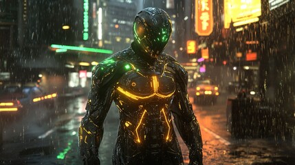 Cyberpunk Figure Walking Through Neon Urban Landscape at Night