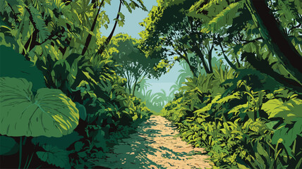 Tropical Jungle Pathway with Lush Greenery in Sunlight Vector Illustration