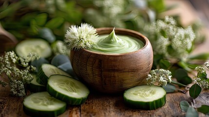 Natural skincare products with cucumber and green cream in wooden bowl