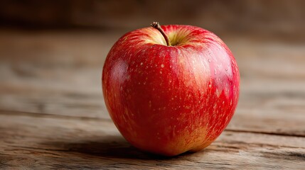 Vibrant red apple on rustic wooden table with water droplets
