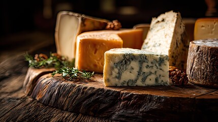 Artisanal cheese selection on rustic wooden board with herbs