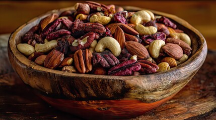 Assorted nuts in a rustic wooden bowl on a table