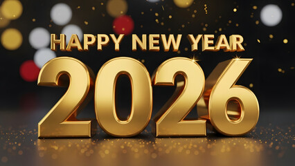 Golden Happy New Year 2026 text with festive bokeh lights and falling glitter on a dark background.