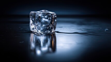 A single ice cube melting and reflecting on a dark, glossy surface, creating a captivating visual