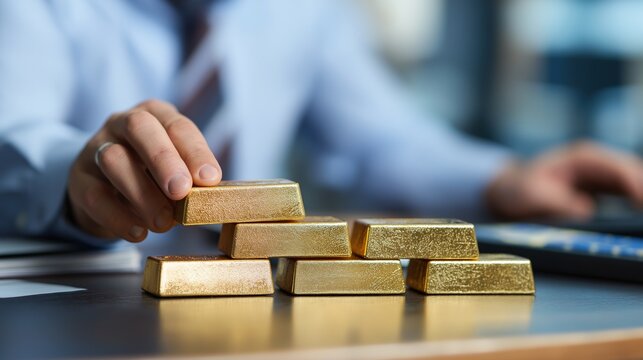Businessman Stacking Gold Bars On Desk
