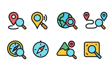 Maps and navigation icon set. Colorful outline icons for travel and direction.