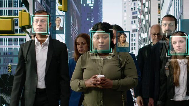 City surveillance system monitoring crowd using biometric analysis technology. VFX compositing elements of security camera tracking people movement and verifying identities