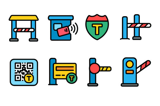 Toll booth flat icon set. Highway, payment, tollgate, automated barriers in flat style
