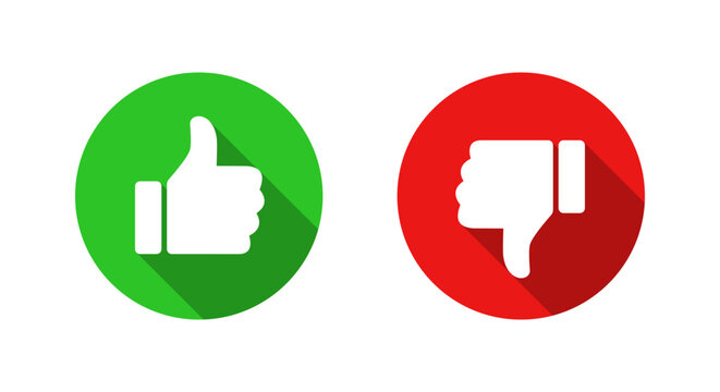 Thumbs up and down icon with long shadow. Like and dislike gesture symbol