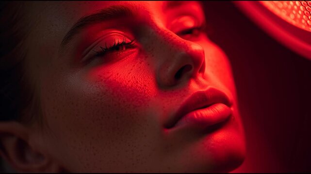 Close-up of woman undergoing red light therapy for facial skin rejuvenation, beauty and skincare treatment concept