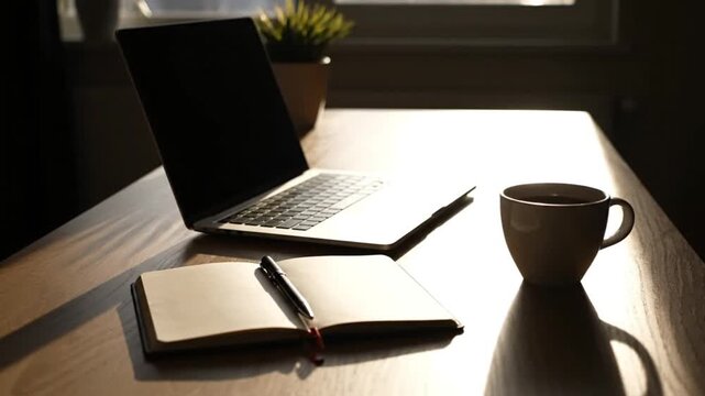 Laptop, Open Notebook and Coffee Cup on Wooden Desk in Morning Sunlight
