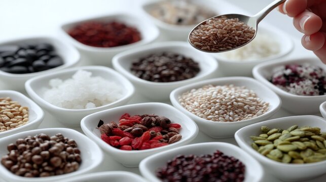 Assorted dried spices and grains in small bowls