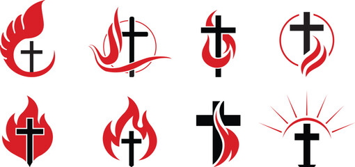Collection of line drawing Church logo, Christian cross motif within the curves on the white background, Vector illustration,  Concept for elegant modern wall decor, logo, card, banner, poster, flyer.