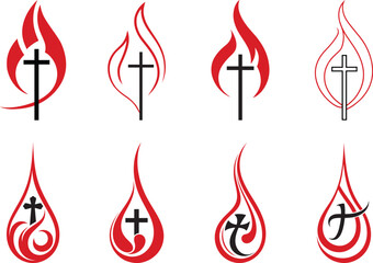 Collection of line drawing Church logo, Christian cross motif within the curves on the white background, Vector illustration,  Concept for elegant modern wall decor, logo, card, banner, poster, flyer.