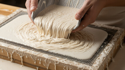 Homemade food preparation: Baker's hands kneading pastry dough with flour in the kitchen for baking bread