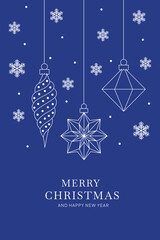 Merry Christmas card template blue line art; Hanging ornaments winter vector flyer