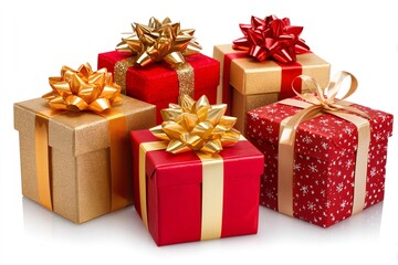 Group of red and gold gift boxes displaying presents