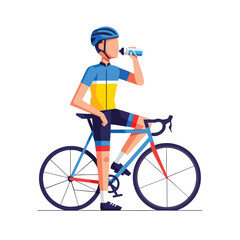 An illustration of a cyclist in gear drinking from a water bottle next to a bike