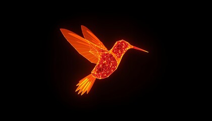 Naklejka premium Orange geometric hummingbird with glowing lights on black background polygonal low poly