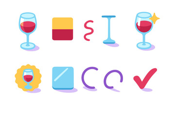 Obraz premium Wine tasting flat icon set with glasses and wine glasses for gastronomy enthusiasts
