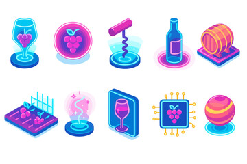 Obraz premium Wine and winery icon set. 3D icons for vineyards, grapes, and tasting themes