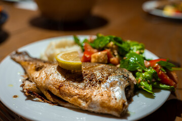 A close up plate shows grilled dourada with lemon, rice, and tomato greens salad in warm indoor light, shallow depth of field, cozy restaurant dinner in Funchal, Madeira.