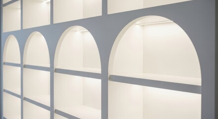 Elegant Arched Shelving illuminated by soft, warm light, creating a sophisticated and inviting display space
