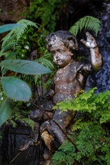 A moss streaked cherub statue sits by a trickling rock wall in Jardim Monte Palace, Funchal, Madeira. Close up view shows raised hand, lichen, and cool diffused light.