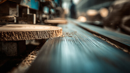 Close-up of a woodworking machine in action cutting a wooden slice