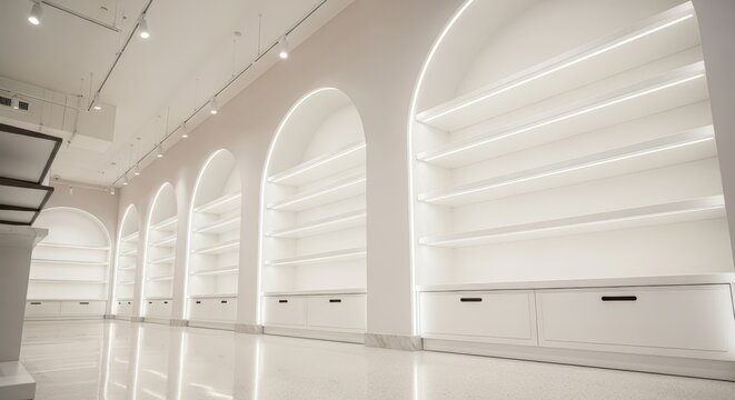 Elegant modern interior with empty white arched shelves in a clean retail space