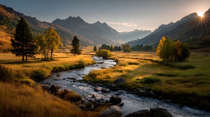 Fototapeta premium Winding river cutting through a golden autumn meadow with a sunburst rising over distant mountains in a serene valley landscape.