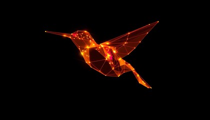 Naklejka premium Orange polygonal hummingbird with glowing dots on black background geometric low poly