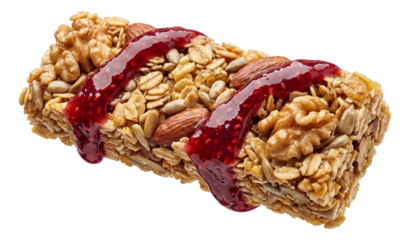 Granola bar featuring a glossy ribbon of raspberry puree spiraling around walnut bits.