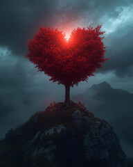 heart shaped tree, heart tree, tree with heart shaped leaves, red foliage tree, romantic tree, love tree, heart canopy, heart shaped foliage, valentine theme, love concept, romantic illustration, 