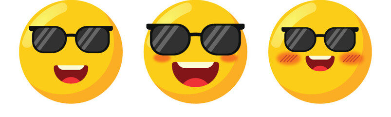 Three smiling yellow emoji faces with black sunglasses showing happy expressions cheerful mood casual vector illustration bright colorful icons