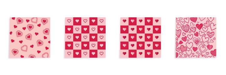 Colorful flat design seamless patterns set with various heart shapes and romantic elements in pink red tones for valentines day background decoration and wrapping paper design