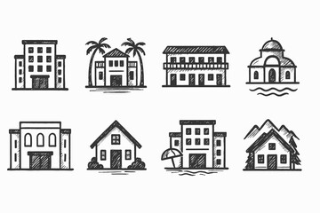 Fototapeta premium Architecture and building sketch icon set. Real estate, cityscape outline icons collection