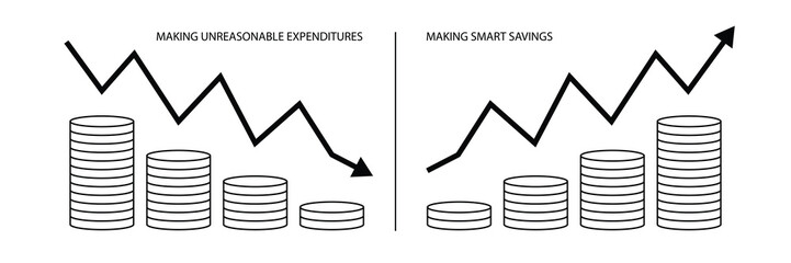 Flat design infographic showing money coins with declining and rising graph trends illustrating making unreasonable expenditures versus making smart savings concept visualized