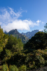 Jagged volcanic peaks rise above a forested valley in Madeira, Portugal, near Pico do Arieiro and Pico Ruivo, as morning light defines ridges and shadowed cliffs.