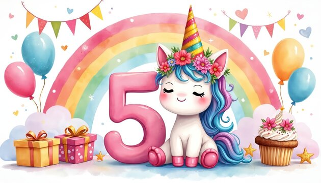 Cute unicorn sits by number 5 with rainbow and balloons. Gifts and cupcake nearby suggest birthday party celebration. Kids joy, fantasy theme.