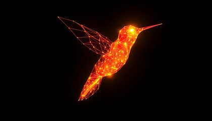 Naklejka premium Glowing Orange Geometric Hummingbird Wireframe Design on Black polygon low poly
