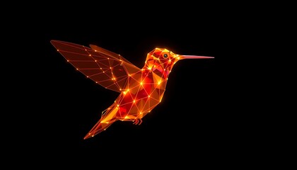 Naklejka premium Fiery Orange Geometric Hummingbird Polygon Art on Black Background low poly wireframe